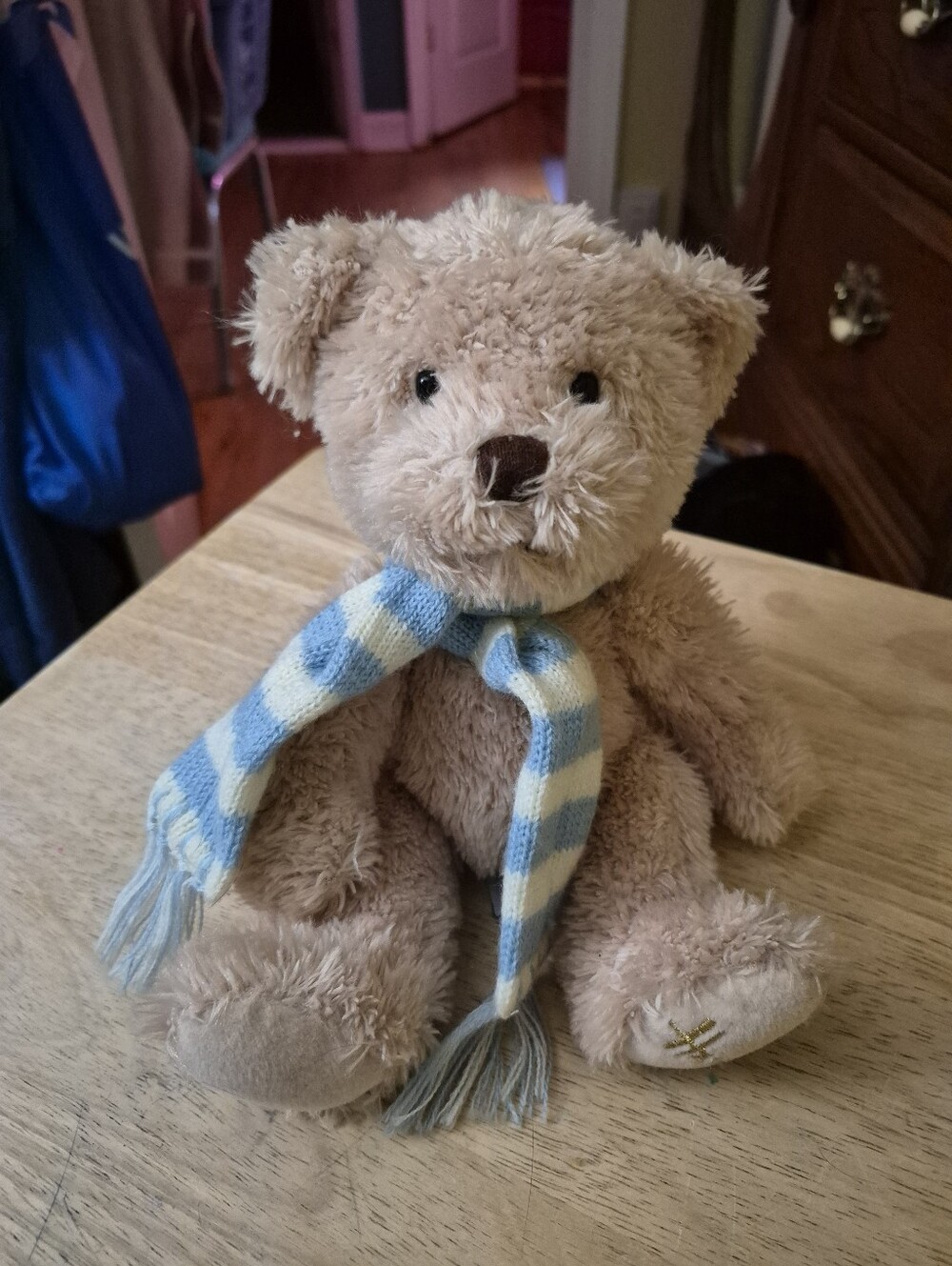 Harrods Heritage Christmas Teddy Bear with Blue and White Striped Scarf